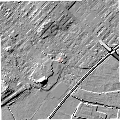 Shaded relief map of the ground around LA31SZ, computed from Environment Agency LiDAR. The ground here sits at about 6 m above sea level and falls 7 m across the surrounding 800 m. Surface water reaching this point runs off ground lying to the east-south-east, 1.6 m higher.