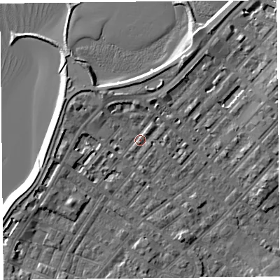 Shaded relief map of the ground around LA31TB, computed from Environment Agency LiDAR. The ground here sits at about 6 m above sea level and falls 7 m across the surrounding 800 m. Surface water reaching this point runs off ground lying to the west, 3.4 m higher.