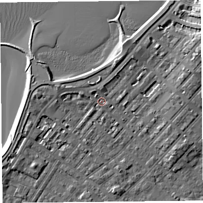 Shaded relief map of the ground around LA31TG, computed from Environment Agency LiDAR. The ground here sits at about 6 m above sea level and falls 9 m across the surrounding 800 m. Surface water reaching this point runs off ground lying to the north-north-east, 3.4 m higher.