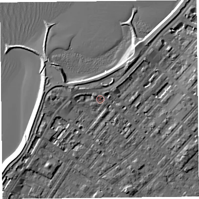 Shaded relief map of the ground around LA31TH, computed from Environment Agency LiDAR. The ground here sits at about 7 m above sea level and falls 7 m across the surrounding 800 m. Surface water reaching this point runs off ground lying to the north-east, 2.3 m higher.