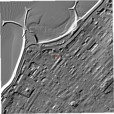 Shaded relief map of the ground around LA31TL, computed from Environment Agency LiDAR. The ground here sits at about 6 m above sea level and falls 7 m across the surrounding 800 m. Surface water reaching this point runs off ground lying to the west, 3.4 m higher.