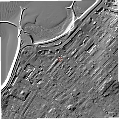 Shaded relief map of the ground around LA31TQ, computed from Environment Agency LiDAR. The ground here sits at about 6 m above sea level and falls 8 m across the surrounding 800 m. Surface water reaching this point runs off ground lying to the north-north-east, 3.8 m higher.