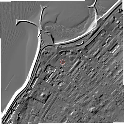 Shaded relief map of the ground around LA31TS, computed from Environment Agency LiDAR. The ground here sits at about 6 m above sea level and falls 6 m across the surrounding 800 m. Surface water reaching this point runs off ground lying to the west, 3.4 m higher.