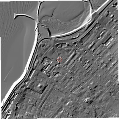 Shaded relief map of the ground around LA31TT, computed from Environment Agency LiDAR. The ground here sits at about 6 m above sea level and falls 6 m across the surrounding 800 m. Surface water reaching this point runs off ground lying to the north-west, 1.9 m higher.