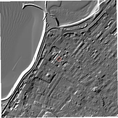 Shaded relief map of the ground around LA31TU, computed from Environment Agency LiDAR. The ground here sits at about 6 m above sea level and falls 7 m across the surrounding 800 m. Surface water reaching this point runs off ground lying to the south-south-west, 1.5 m higher.