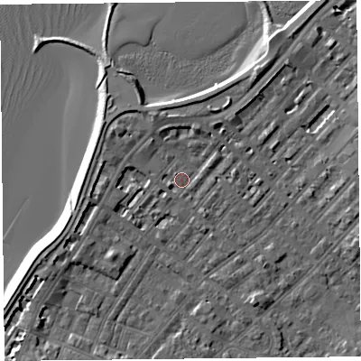 Shaded relief map of the ground around LA31TW, computed from Environment Agency LiDAR. The ground here sits at about 6 m above sea level and falls 6 m across the surrounding 800 m. Surface water reaching this point runs off ground lying to the west, 3.4 m higher.