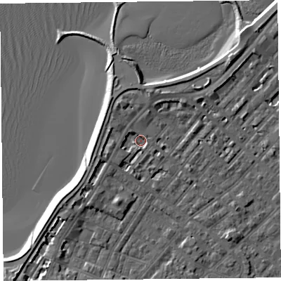 Shaded relief map of the ground around LA31TY, computed from Environment Agency LiDAR. The ground here sits at about 5 m above sea level and falls 6 m across the surrounding 800 m. Surface water reaching this point runs off ground lying to the west, 2.0 m higher.