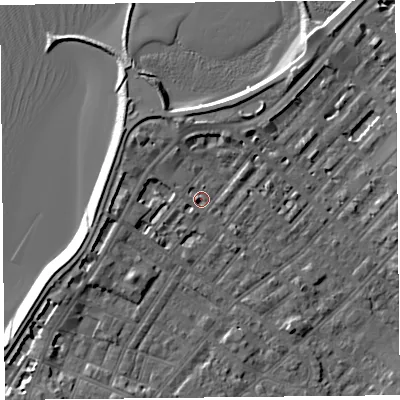 Shaded relief map of the ground around LA31TZ, computed from Environment Agency LiDAR. The ground here sits at about 6 m above sea level and falls 6 m across the surrounding 800 m. Surface water reaching this point runs off ground lying to the west-south-west, 2.0 m higher.