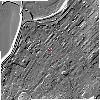 Shaded relief map of the ground around LA31UB, computed from Environment Agency LiDAR. The ground here sits at about 7 m above sea level and falls 8 m across the surrounding 800 m. Surface water reaching this point runs off ground lying to the north-north-east, 3.9 m higher.