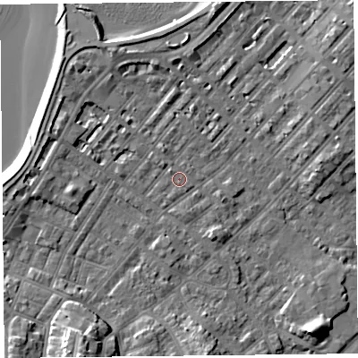 Shaded relief map of the ground around LA31UD, computed from Environment Agency LiDAR. The ground here sits at about 6 m above sea level and falls 12 m across the surrounding 800 m. Surface water reaching this point runs off ground lying to the south-south-east, 0.5 m higher.
