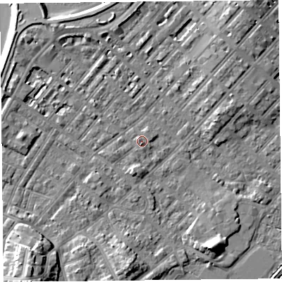 Shaded relief map of the ground around LA31UE, computed from Environment Agency LiDAR. The ground here sits at about 6 m above sea level and falls 11 m across the surrounding 800 m. Surface water reaching this point runs off ground lying to the south-south-west, 1.9 m higher.
