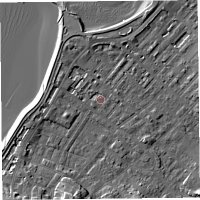 Shaded relief map of the ground around LA31UG, computed from Environment Agency LiDAR. The ground here sits at about 6 m above sea level and falls 10 m across the surrounding 800 m. Surface water reaching this point runs off ground lying to the west-north-west, 2.4 m higher.