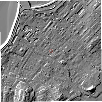 Shaded relief map of the ground around LA31UL, computed from Environment Agency LiDAR. The ground here sits at about 6 m above sea level and falls 12 m across the surrounding 800 m. Surface water reaching this point runs off ground lying to the south-south-west, 9.6 m higher.
