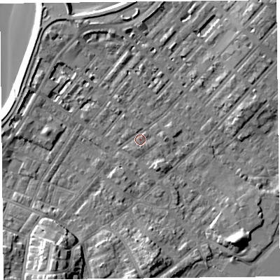 Shaded relief map of the ground around LA31UN, computed from Environment Agency LiDAR. The ground here sits at about 6 m above sea level and falls 12 m across the surrounding 800 m. Surface water reaching this point runs off ground lying to the south-west, 0.9 m higher.