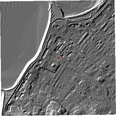 Shaded relief map of the ground around LA31UP, computed from Environment Agency LiDAR. The ground here sits at about 6 m above sea level and falls 10 m across the surrounding 800 m. Surface water reaching this point runs off ground lying to the west, 2.4 m higher.
