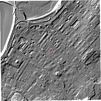 Shaded relief map of the ground around LA31UQ, computed from Environment Agency LiDAR. The ground here sits at about 6 m above sea level and falls 8 m across the surrounding 800 m. Surface water reaching this point runs off ground lying to the north, 3.9 m higher.