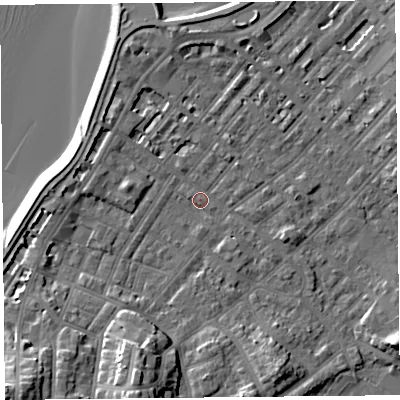 Shaded relief map of the ground around LA31UR, computed from Environment Agency LiDAR. The ground here sits at about 6 m above sea level and falls 13 m across the surrounding 800 m. Surface water reaching this point runs off ground lying to the south-south-west, 10.0 m higher.