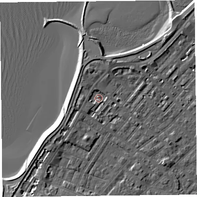 Shaded relief map of the ground around LA31UU, computed from Environment Agency LiDAR. The ground here sits at about 6 m above sea level and falls 6 m across the surrounding 800 m. Surface water reaching this point runs off ground lying to the west, 2.0 m higher.