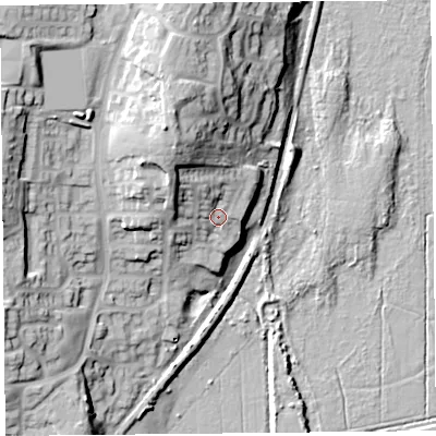 Shaded relief map of the ground around LA32FT, computed from Environment Agency LiDAR. The ground here sits at about 16 m above sea level and falls 27 m across the surrounding 800 m. Surface water reaching this point runs off ground lying to the north-west, 7.0 m higher.