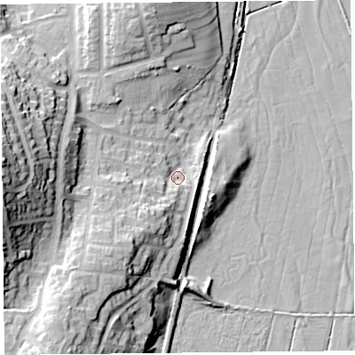 Shaded relief map of the ground around LA32HJ, computed from Environment Agency LiDAR. The ground here sits at about 9 m above sea level and falls 34 m across the surrounding 800 m. Surface water reaching this point runs off ground lying to the south-west, 14.8 m higher.