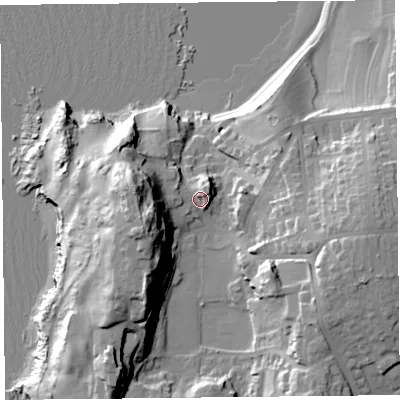 Shaded relief map of the ground around LA32RW, computed from Environment Agency LiDAR. The ground here sits at about 18 m above sea level and falls 37 m across the surrounding 800 m. Surface water reaching this point runs off ground lying to the west-south-west, 20.9 m higher.