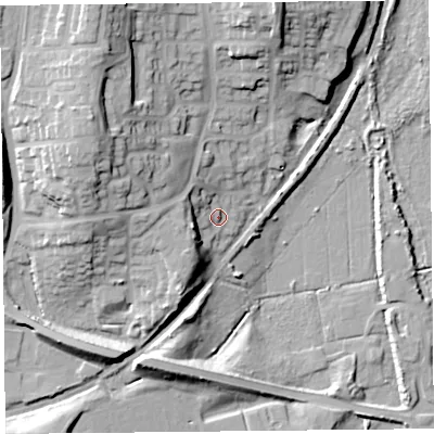 Shaded relief map of the ground around LA32WL, computed from Environment Agency LiDAR. The ground here sits at about 11 m above sea level and falls 26 m across the surrounding 800 m. Surface water reaching this point runs off ground lying to the west, 9.2 m higher.