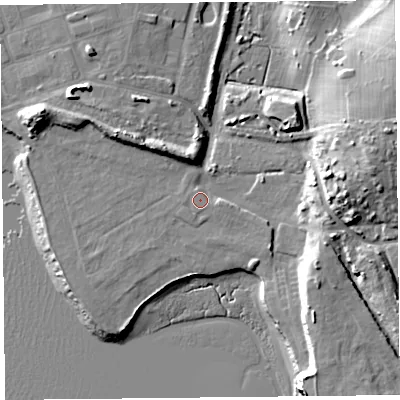 Shaded relief map of the ground around LA32XA, computed from Environment Agency LiDAR. The ground here sits at about 8 m above sea level and falls 17 m across the surrounding 800 m. Surface water reaching this point runs off ground lying to the south-east, 8.4 m higher.