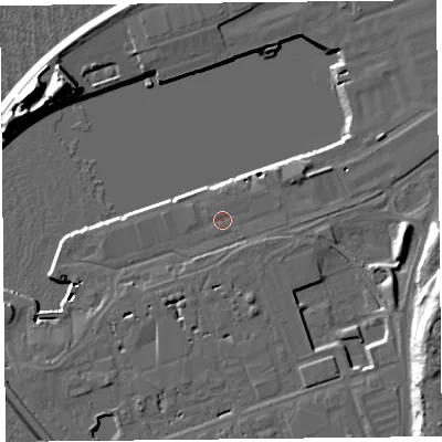 Shaded relief map of the ground around LA32XE, computed from Environment Agency LiDAR. The ground here sits at about 7 m above sea level and falls 19 m across the surrounding 800 m. Surface water reaching this point runs off ground lying to the south-east, 0.7 m higher.