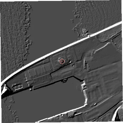 Shaded relief map of the ground around LA32XF, computed from Environment Agency LiDAR. The ground here sits at about 9 m above sea level and falls 16 m across the surrounding 800 m. Surface water reaching this point runs off ground lying to the east, 0.9 m higher.