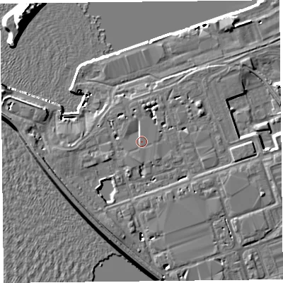 Shaded relief map of the ground around LA32XH, computed from Environment Agency LiDAR. The ground here sits at about 8 m above sea level and falls 12 m across the surrounding 800 m. The ground contributing surface water to this point lies to the south.