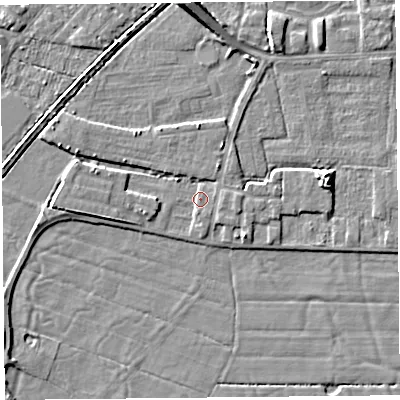 Shaded relief map of the ground around LA33AU, computed from Environment Agency LiDAR. The ground here sits at about 5 m above sea level and falls 7 m across the surrounding 800 m. Surface water reaching this point runs off ground lying to the west, 2.7 m higher.