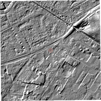 Shaded relief map of the ground around LA33DD, computed from Environment Agency LiDAR. The ground here sits at about 5 m above sea level and falls 7 m across the surrounding 800 m. Surface water reaching this point runs off ground lying to the east-south-east, 2.3 m higher.