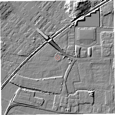 Shaded relief map of the ground around LA33DF, computed from Environment Agency LiDAR. The ground here sits at about 5 m above sea level and falls 9 m across the surrounding 800 m. Surface water reaching this point runs off ground lying to the north-north-west, 5.3 m higher.