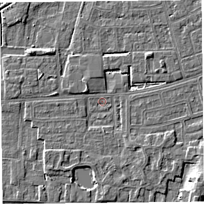Shaded relief map of the ground around LA33DG, computed from Environment Agency LiDAR. The ground here sits at about 5 m above sea level and falls 6 m across the surrounding 800 m. Surface water reaching this point runs off ground lying to the south-east, 3.3 m higher.