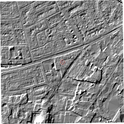 Shaded relief map of the ground around LA33DJ, computed from Environment Agency LiDAR. The ground here sits at about 5 m above sea level and falls 6 m across the surrounding 800 m. Surface water reaching this point runs off ground lying to the west, 0.6 m higher.