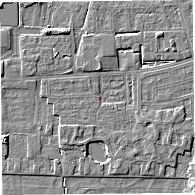 Shaded relief map of the ground around LA33DL, computed from Environment Agency LiDAR. The ground here sits at about 5 m above sea level and falls 5 m across the surrounding 800 m. Surface water reaching this point runs off ground lying to the east-south-east, 3.3 m higher.