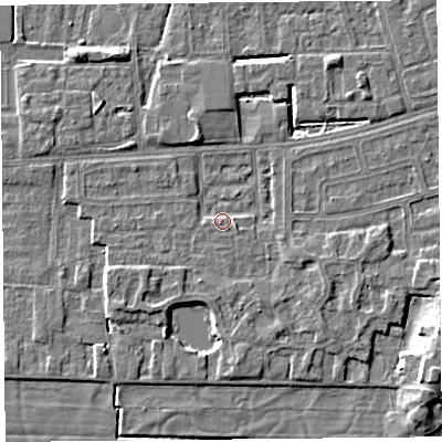 Shaded relief map of the ground around LA33DN, computed from Environment Agency LiDAR. The ground here sits at about 5 m above sea level and falls 6 m across the surrounding 800 m. Surface water reaching this point runs off ground lying to the east-south-east, 2.0 m higher.