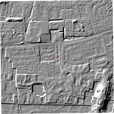 Shaded relief map of the ground around LA33DP, computed from Environment Agency LiDAR. The ground here sits at about 5 m above sea level and falls 6 m across the surrounding 800 m. Surface water reaching this point runs off ground lying to the south-east, 2.0 m higher.