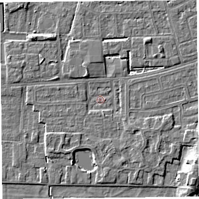 Shaded relief map of the ground around LA33DR, computed from Environment Agency LiDAR. The ground here sits at about 5 m above sea level and falls 6 m across the surrounding 800 m. Surface water reaching this point runs off ground lying to the south-east, 3.3 m higher.