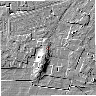 Shaded relief map of the ground around LA33DU, computed from Environment Agency LiDAR. The ground here sits at about 7 m above sea level and falls 7 m across the surrounding 800 m. Surface water reaching this point runs off ground lying to the south, 2.5 m higher.