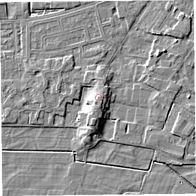 Shaded relief map of the ground around LA33DX, computed from Environment Agency LiDAR. The ground here sits at about 9 m above sea level and falls 7 m across the surrounding 800 m. Surface water reaching this point runs off ground lying to the south-south-west, 1.7 m higher.