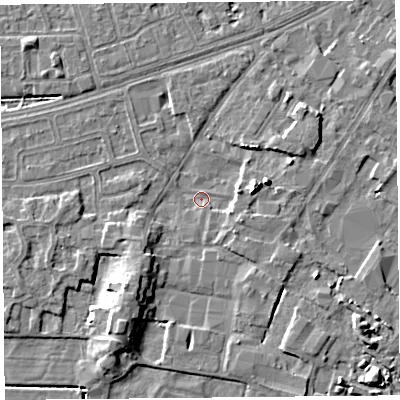 Shaded relief map of the ground around LA33EA, computed from Environment Agency LiDAR. The ground here sits at about 5 m above sea level and falls 7 m across the surrounding 800 m. Surface water reaching this point runs off ground lying to the south-south-west, 5.6 m higher.