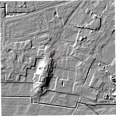 Shaded relief map of the ground around LA33ED, computed from Environment Agency LiDAR. The ground here sits at about 5 m above sea level and falls 7 m across the surrounding 800 m. Surface water reaching this point runs off ground lying to the south-west, 5.6 m higher.