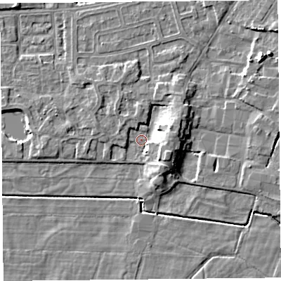 Shaded relief map of the ground around LA33EE, computed from Environment Agency LiDAR. The ground here sits at about 5 m above sea level and falls 7 m across the surrounding 800 m. Surface water reaching this point runs off ground lying to the east-south-east, 5.2 m higher.