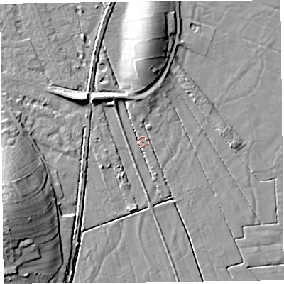 Shaded relief map of the ground around LA33EF, computed from Environment Agency LiDAR. The ground here sits at about 5 m above sea level and falls 18 m across the surrounding 800 m. Surface water reaching this point runs off ground lying to the north-west, 5.0 m higher.