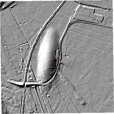 Shaded relief map of the ground around LA33EG, computed from Environment Agency LiDAR. The ground here sits at about 8 m above sea level and falls 10 m across the surrounding 800 m. Surface water reaching this point runs off ground lying to the west-south-west, 7.3 m higher.