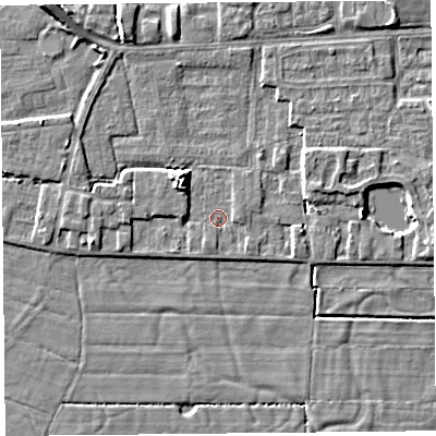 Shaded relief map of the ground around LA33EH, computed from Environment Agency LiDAR. The ground here sits at about 5 m above sea level and falls 6 m across the surrounding 800 m. Surface water reaching this point runs off ground lying to the south-south-west, 0.9 m higher.