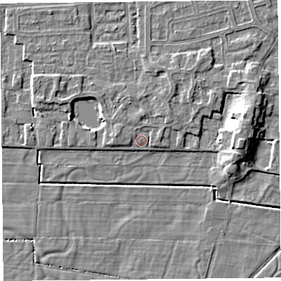 Shaded relief map of the ground around LA33EJ, computed from Environment Agency LiDAR. The ground here sits at about 5 m above sea level and falls 7 m across the surrounding 800 m. Surface water reaching this point runs off ground lying to the west-north-west, 2.9 m higher.