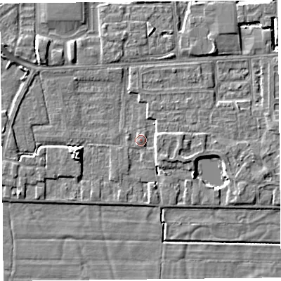 Shaded relief map of the ground around LA33EL, computed from Environment Agency LiDAR. The ground here sits at about 5 m above sea level and falls 5 m across the surrounding 800 m. Surface water reaching this point runs off ground lying to the east-south-east, 2.9 m higher.