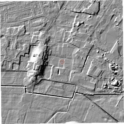Shaded relief map of the ground around LA33EN, computed from Environment Agency LiDAR. The ground here sits at about 5 m above sea level and falls 7 m across the surrounding 800 m. Surface water reaching this point runs off ground lying to the east-north-east, 2.2 m higher.